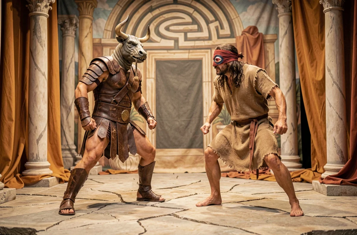 Deux acteurs costumés en Minotaure et Cyclope en confrontation dramatique sur une scène de théâtre à l'esthétique grecque antique