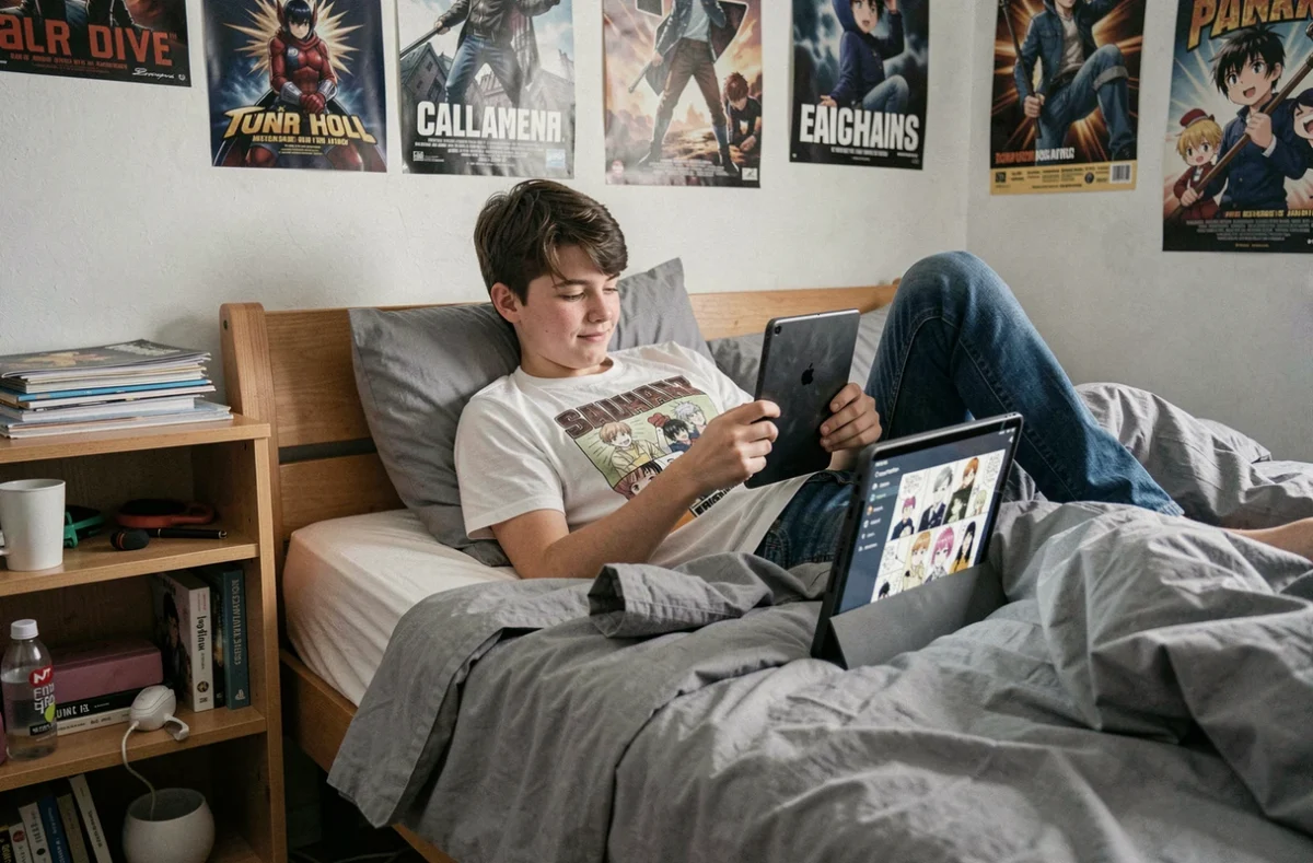 Adolescent allongé sur son lit qui lit des scans de manga en ligne sur une tablette dans sa chambre