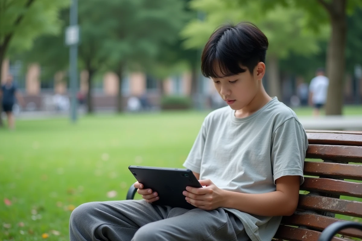 Adolescent lisant manga sur une banquette dans un parc urbain