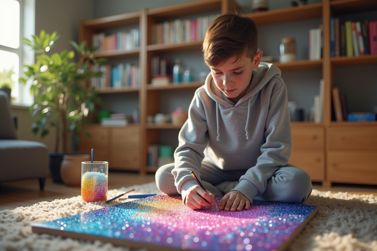 Adolescent travaillant sur une peinture diamant dans un espace créatif