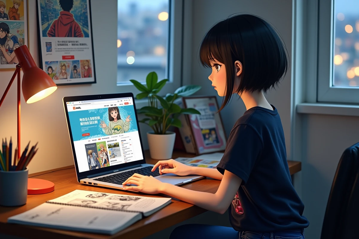 Adolescente lisant un manga en ligne sur un ordinateur portable dans sa chambre d'étudiante décorée d'affiches d'anime