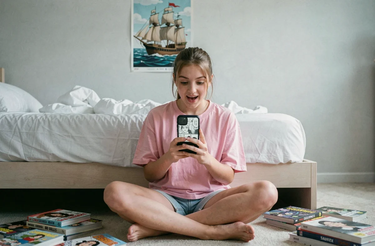 Adolescente passionnée de One Piece lisant le scan de l'arc Egghead sur son smartphone dans sa chambre