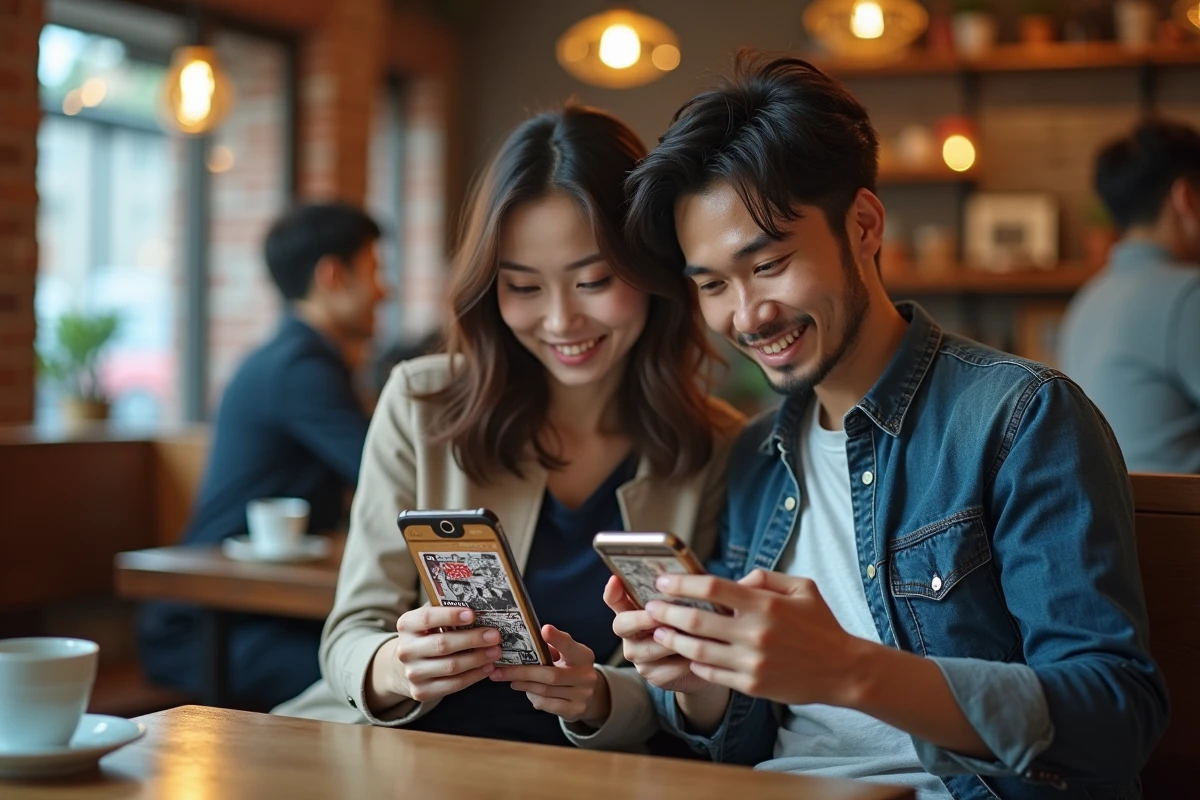 Deux adultes lisant des mangas en ligne sur leurs smartphones dans un café urbain moderne
