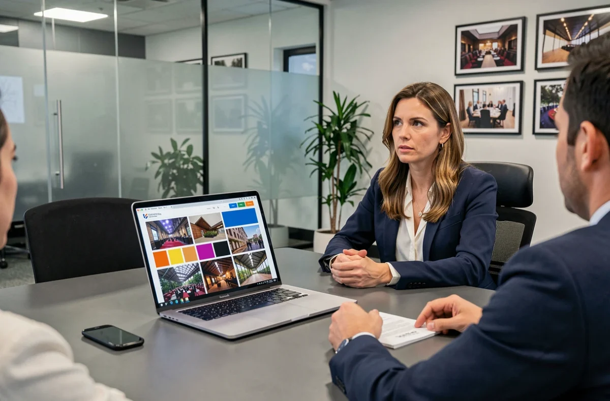 Directrice créative de l'agence CO présentant un moodboard d'événement à des clients dans un bureau contemporain vitré