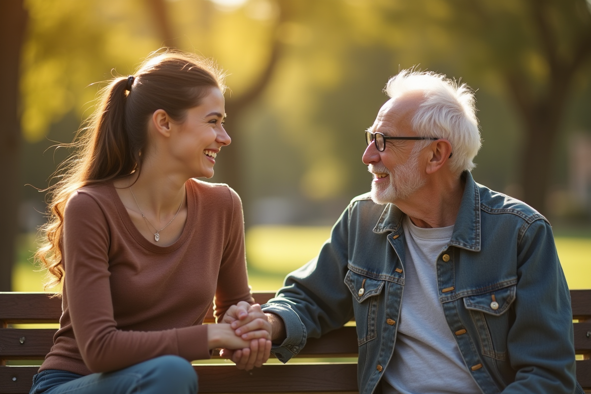 Jeune femme souriante aidant un senior dans un parc ensoleille