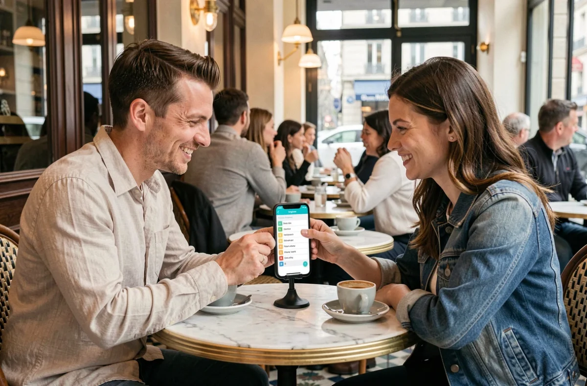 Deux amis jouant ensemble à Cemantrix sur smartphone dans un café parisien
