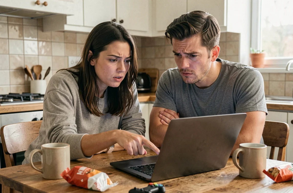 Deux amis en train de débattre s'ils doivent regarder la solution d'un niveau de jeu d'escape room sur leur ordinateur portable dans une cuisine