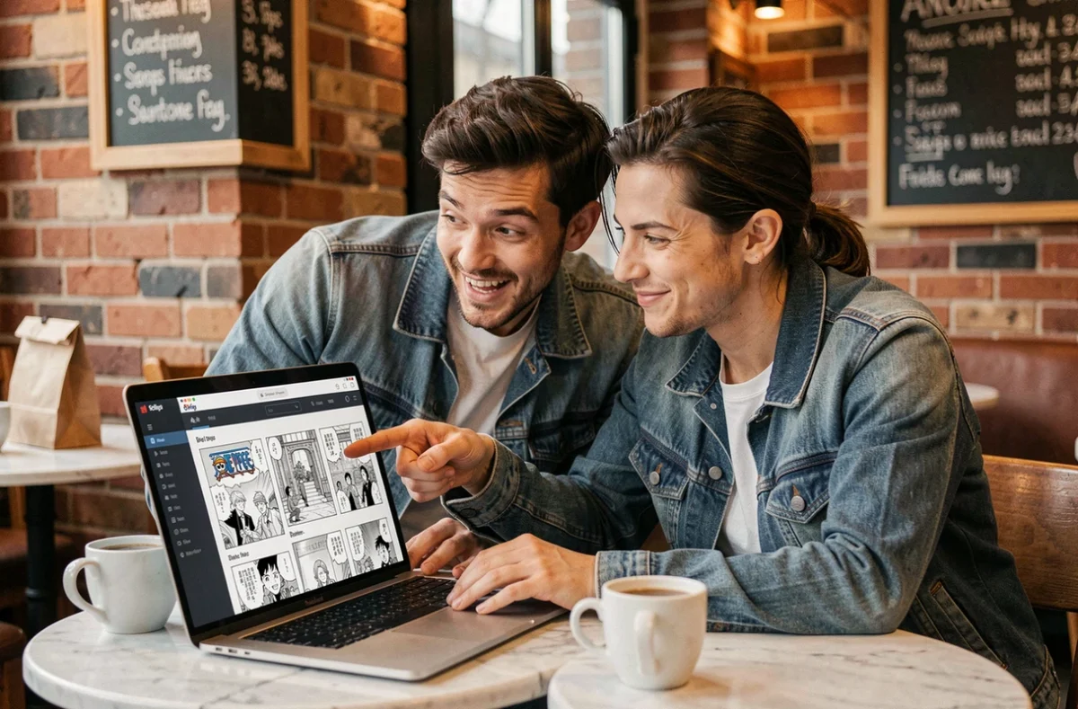 Deux amis fans de One Piece qui discutent du scan de l'arc Egghead ensemble sur un ordinateur portable dans un café