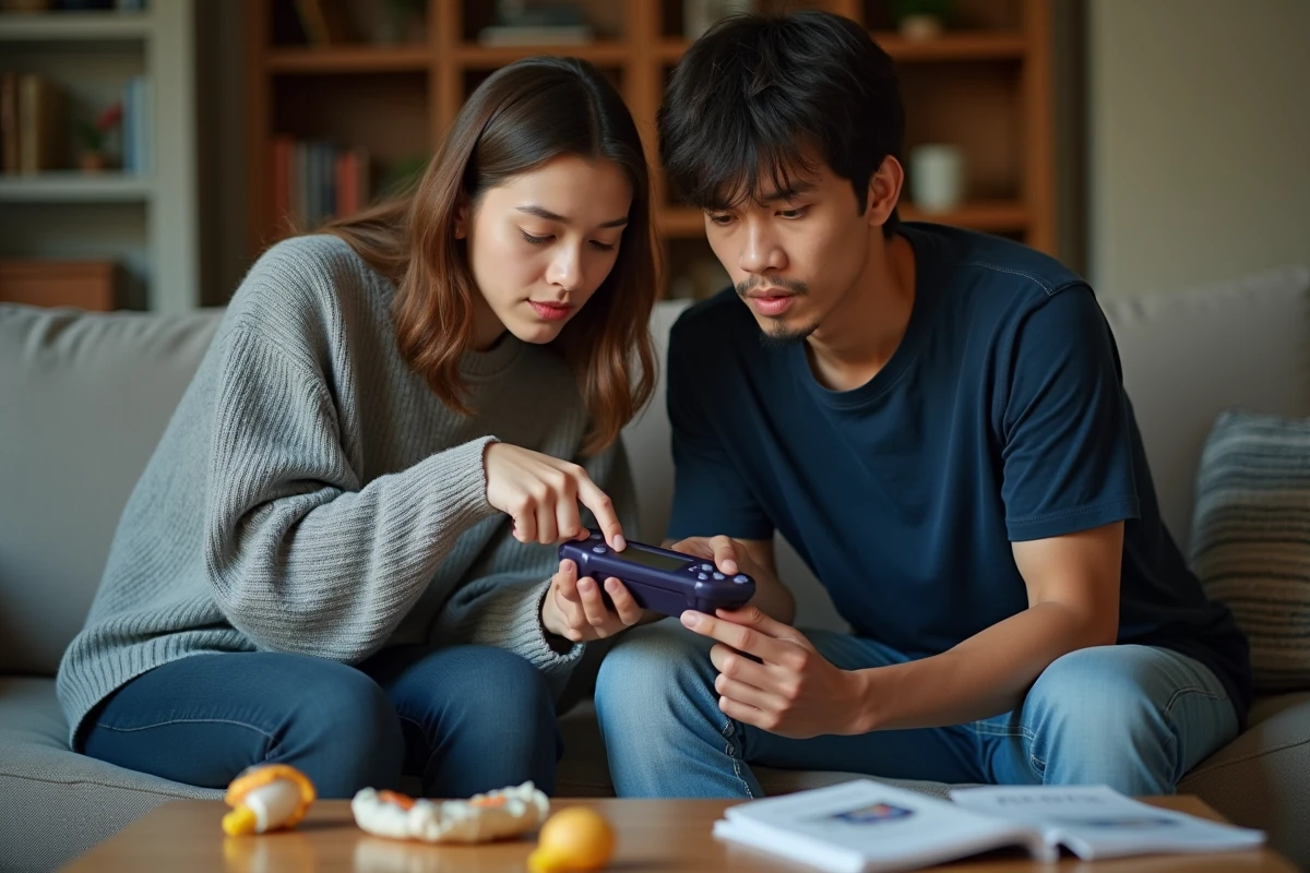 Deux amis analysant ensemble une stratégie d'équipe sur Game Boy Advance SP, illustrant le choix des objets tenus dans Pokémon Émeraude