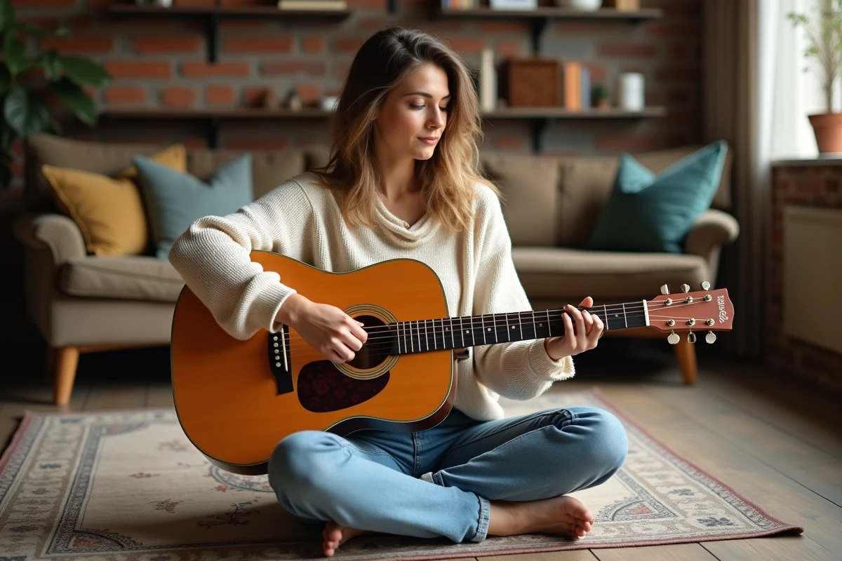 Jeune femme apprenant les accords de guitare acoustique pour la chanson Petite Marie dans un salon chaleureux
