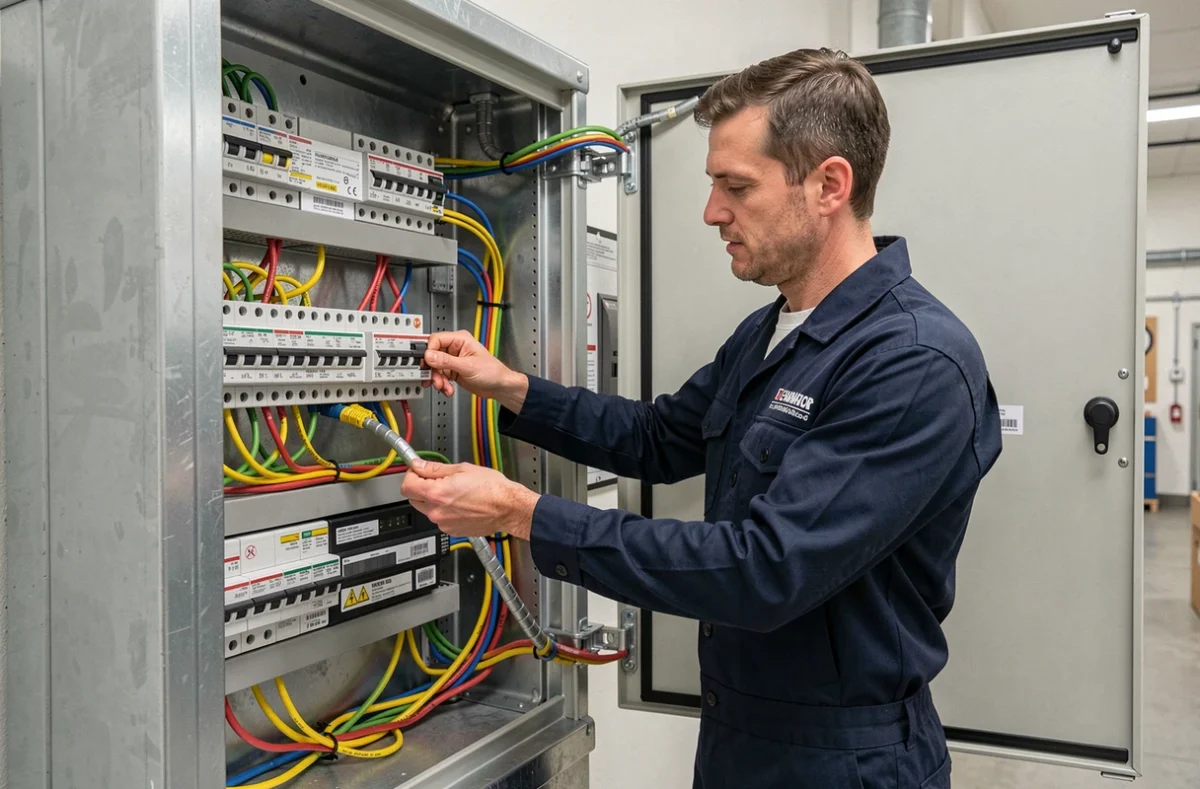 Électricien d'Armor Electric System câblant une armoire de distribution électrique dans un bâtiment commercial rennais