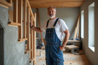 Artisan en bleu près d'un escalier en bois neuf