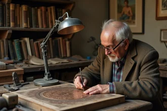 Artiste âgé en train de graver une plaque en cuivre dans son atelier