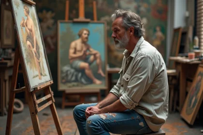 Artiste peintre en studio devant sa toile en cours