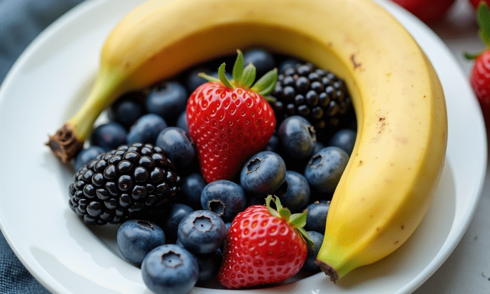 Assortiment de fruits frais B sur assiette blanche