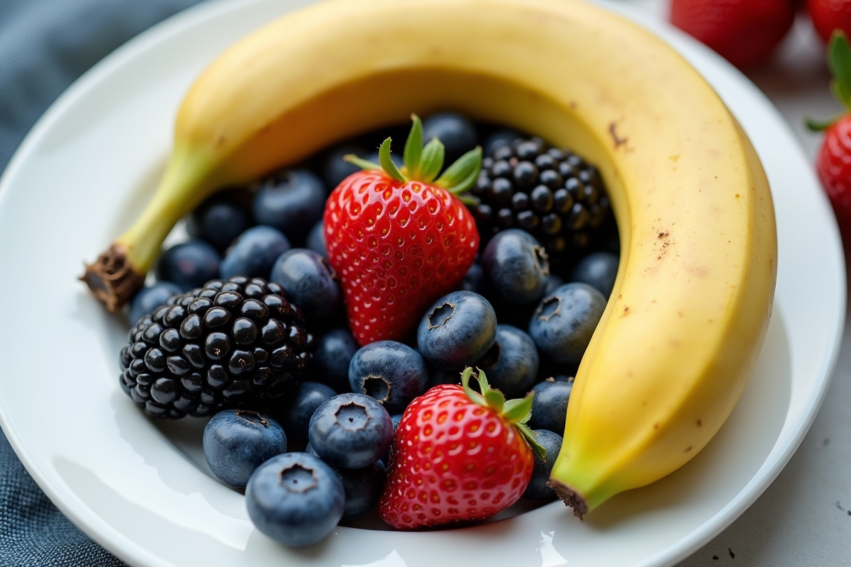 Assortiment de fruits frais B sur assiette blanche
