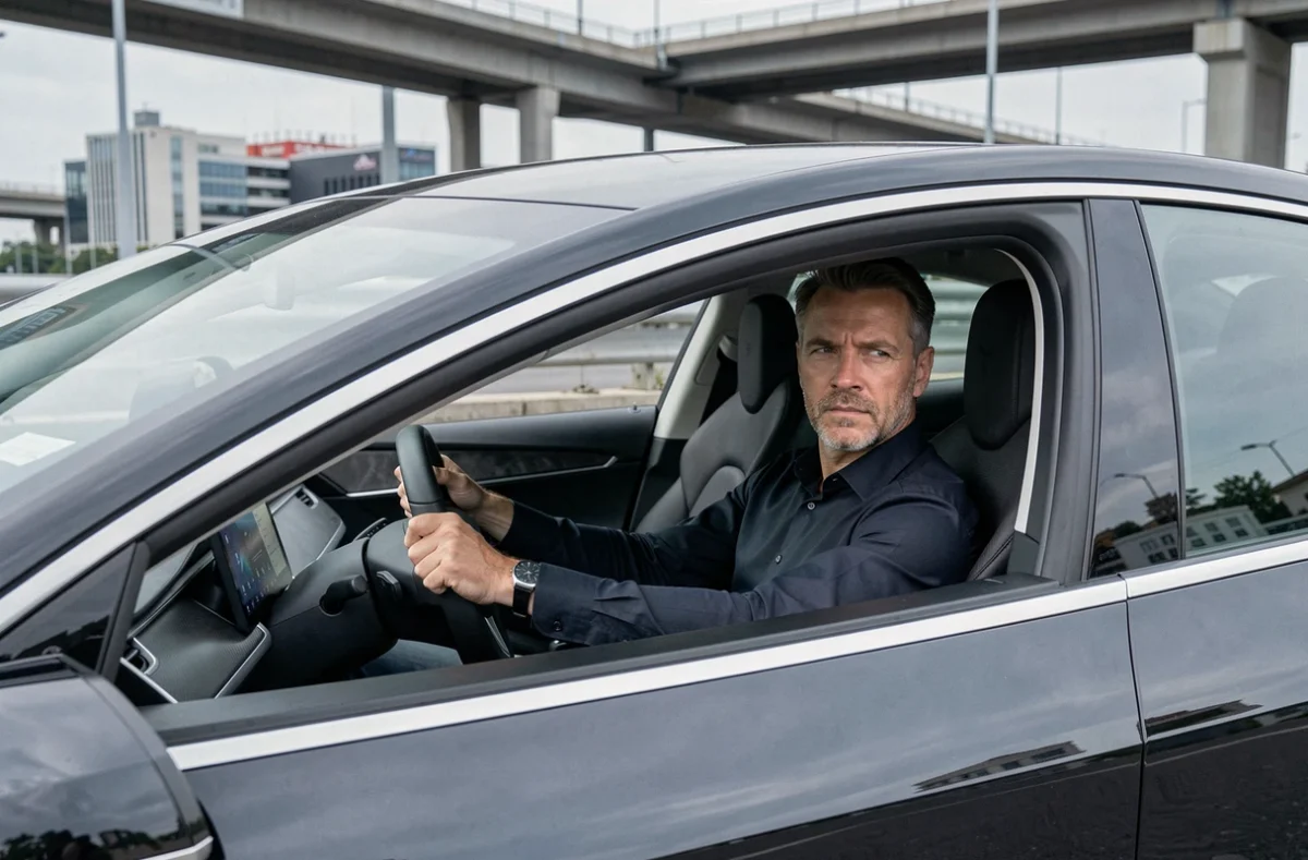 Chauffeur Axiperf au volant d'une Tesla noire sur fond d'infrastructure urbaine lyonnaise moderne symbolisant la performance et l'efficacité