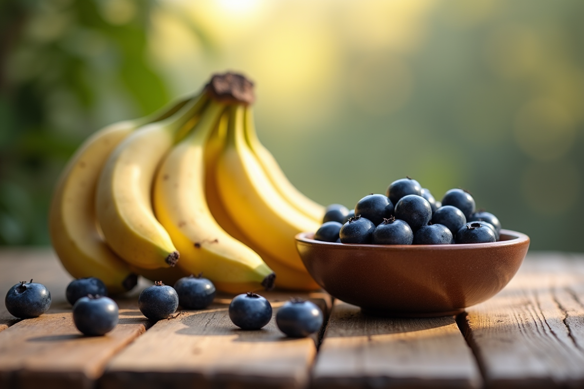 Bananes mûres et myrtilles sur table en bois rustique