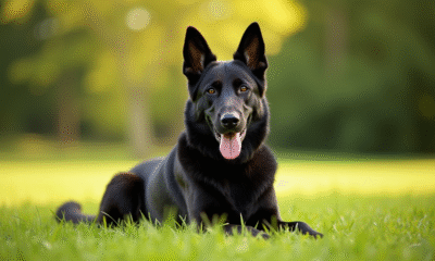 Chien berger allemand noir assis dans un parc ensoleille