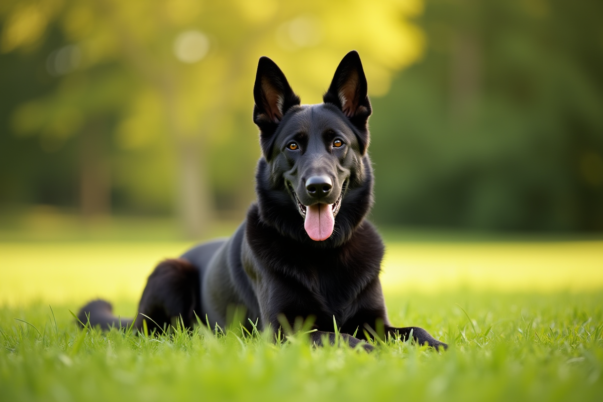 Chien berger allemand noir assis dans un parc ensoleille