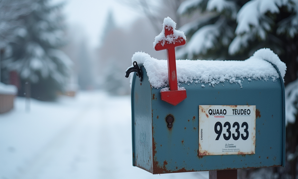 Boîte aux lettres canadienne entourée d'arbres enneigés et maisons suburbaines