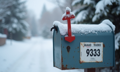 Boîte aux lettres canadienne entourée d'arbres enneigés et maisons suburbaines