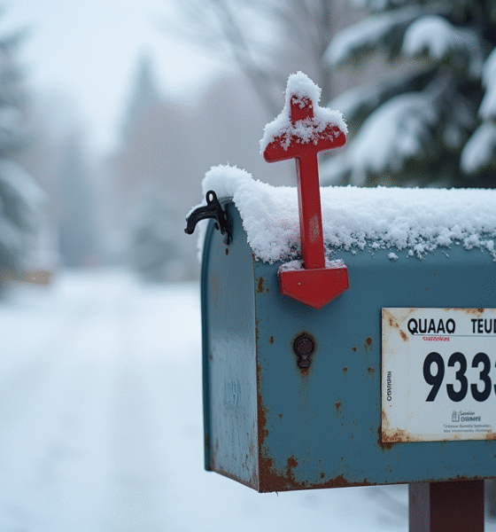Boîte aux lettres canadienne entourée d'arbres enneigés et maisons suburbaines