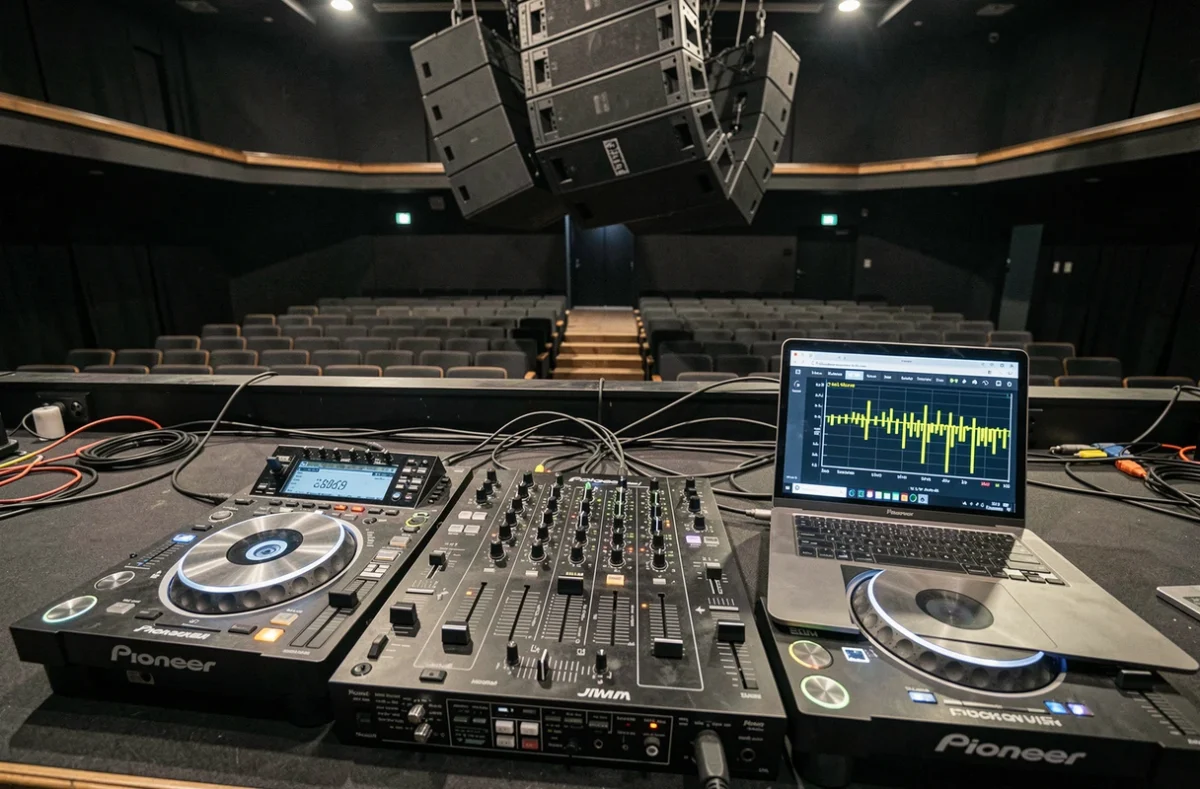 Booth DJ professionnel lors d'un soundcheck avec simulateur de niveau sonore ouvert sur ordinateur pour calibrer le volume d'un set en salle de concert