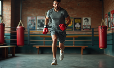 Jeune boxeur concentré sautant à la corde dans un gym urbain
