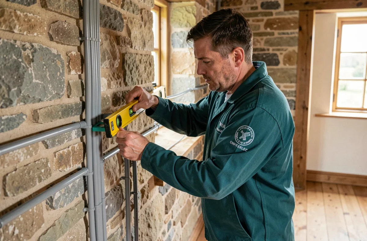 Technicien de Breizh DomElec installant des conduits électriques dans une maison bretonne rénovée près de Rennes