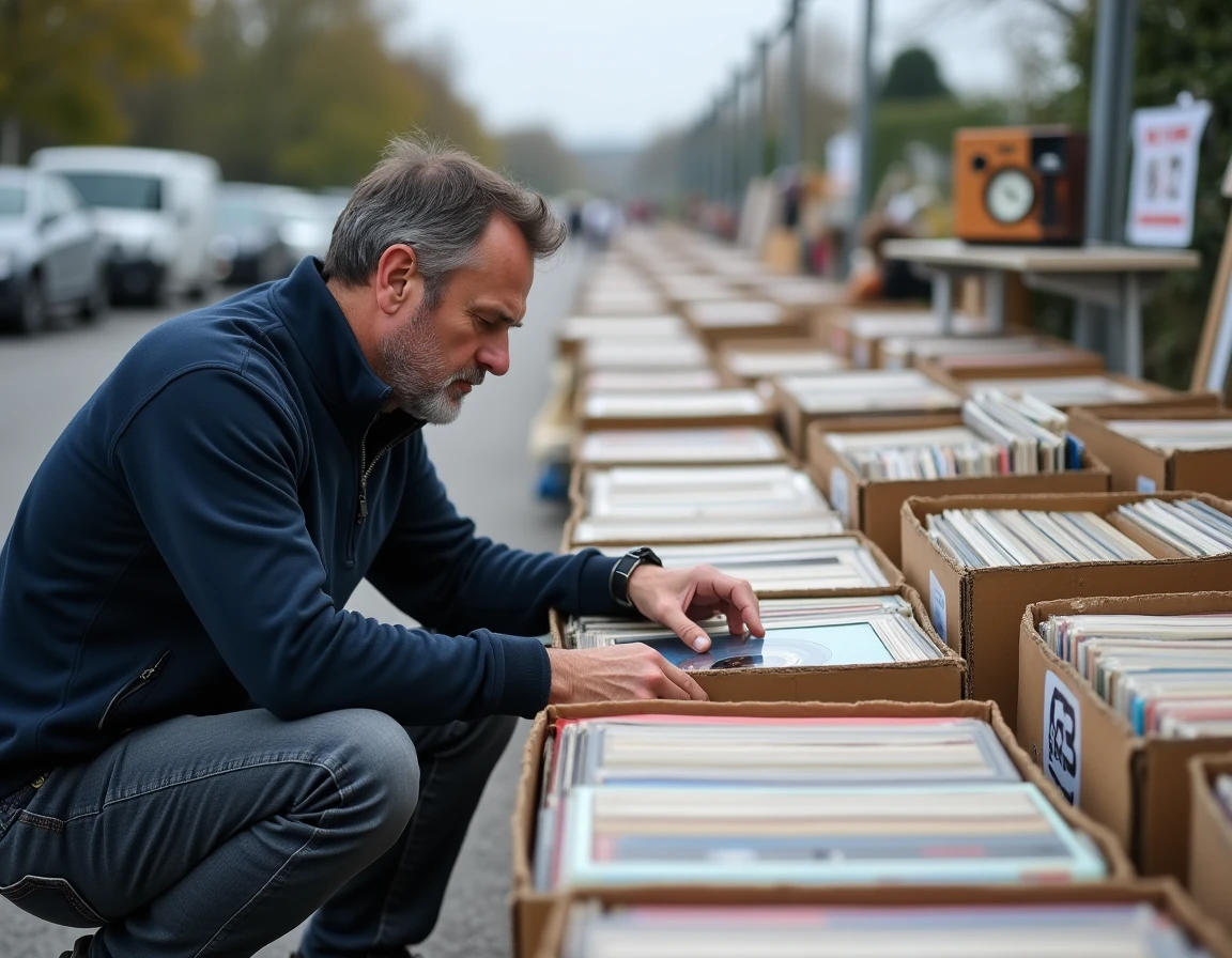 Homme fouillant des disques vinyles dans une grande brocante en plein air en Yvelines