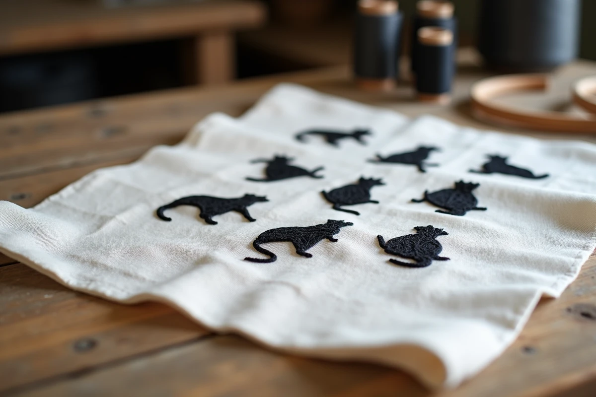 Broderie artisanale représentant les onze hermines du symbole breton sur tissu lin