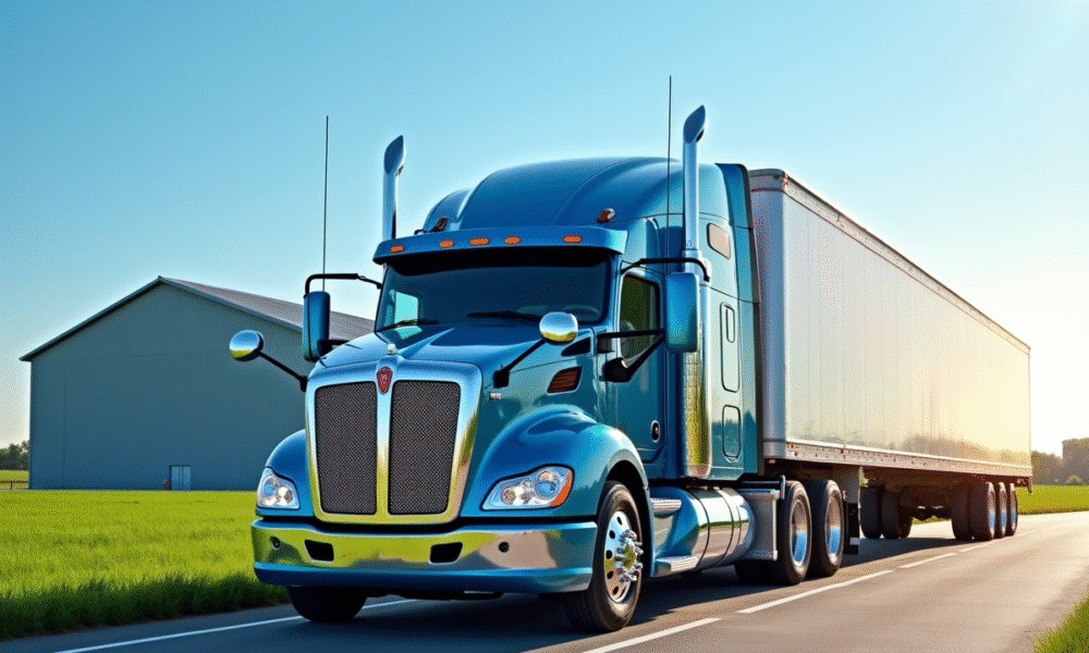Camion utilitaire d'occasion devant un entrepôt agricole moderne