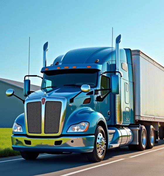Camion utilitaire d'occasion devant un entrepôt agricole moderne