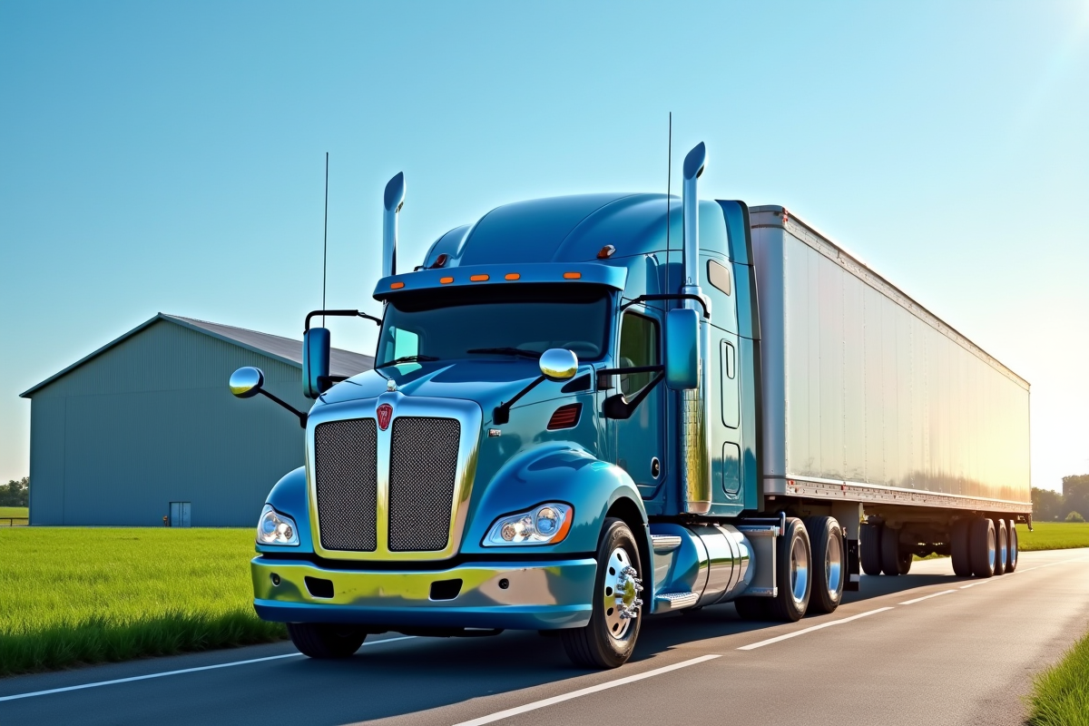 Camion utilitaire d'occasion devant un entrepôt agricole moderne