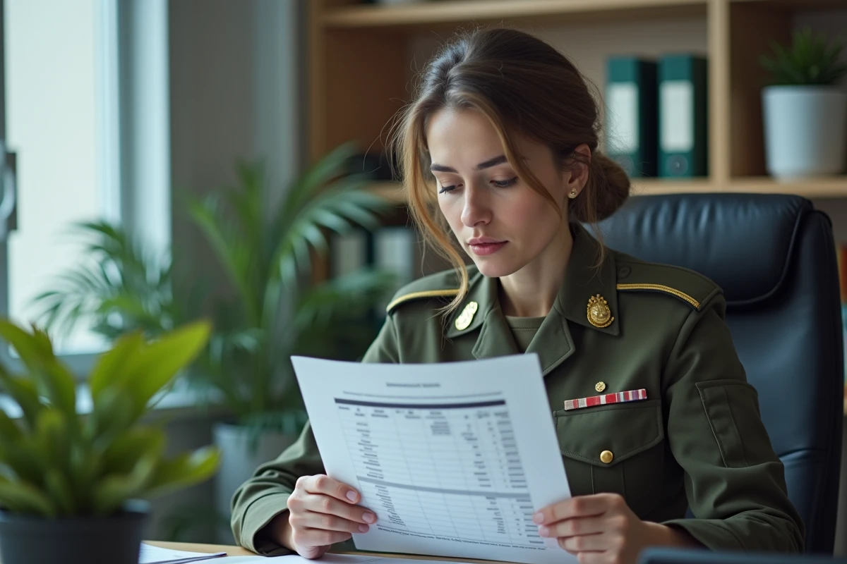Capitaine femme de l'armée de terre consultant une grille indiciaire dans un bureau des ressources humaines militaires
