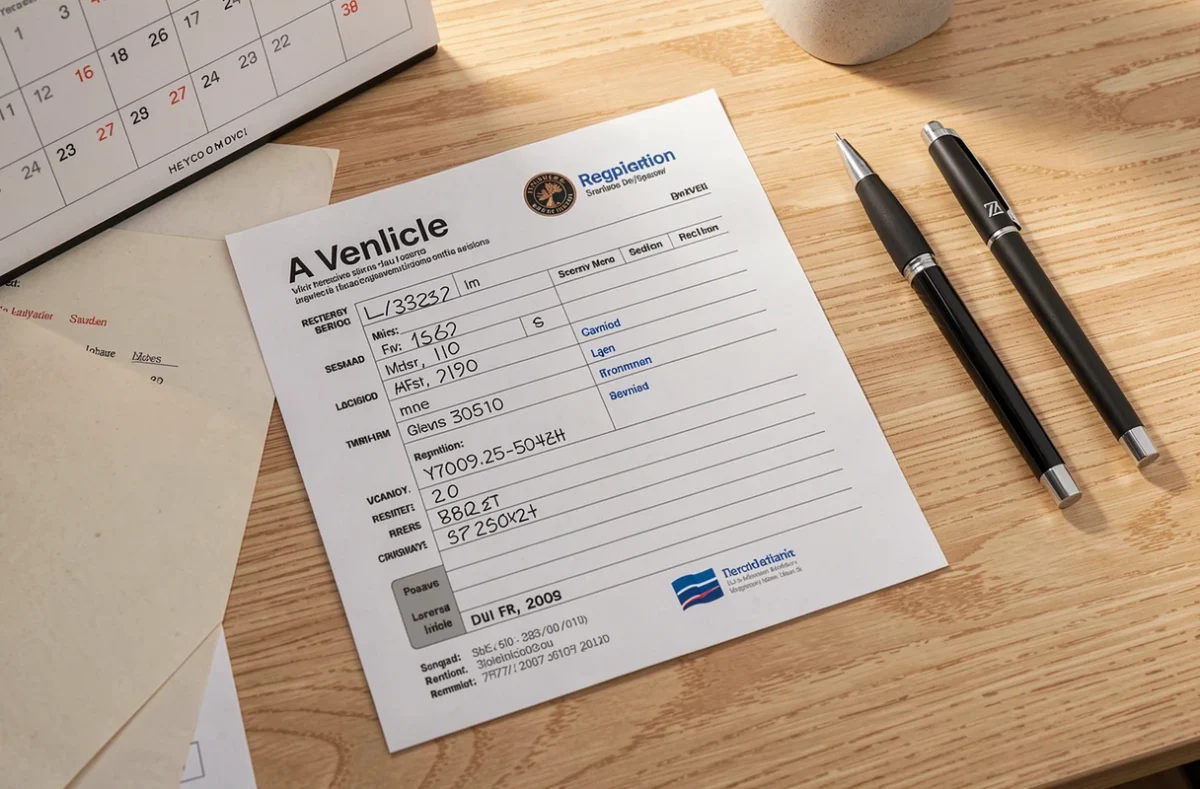 Certificat d'immatriculation posé à côté d'un calendrier