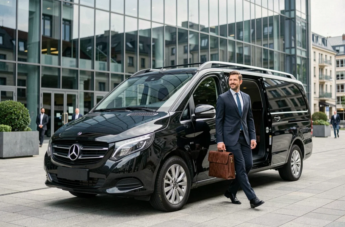 Chauffeur CFB Lyon en uniforme accueillant un cadre d'entreprise à la sortie d'un immeuble de bureaux dans le quartier Part-Dieu