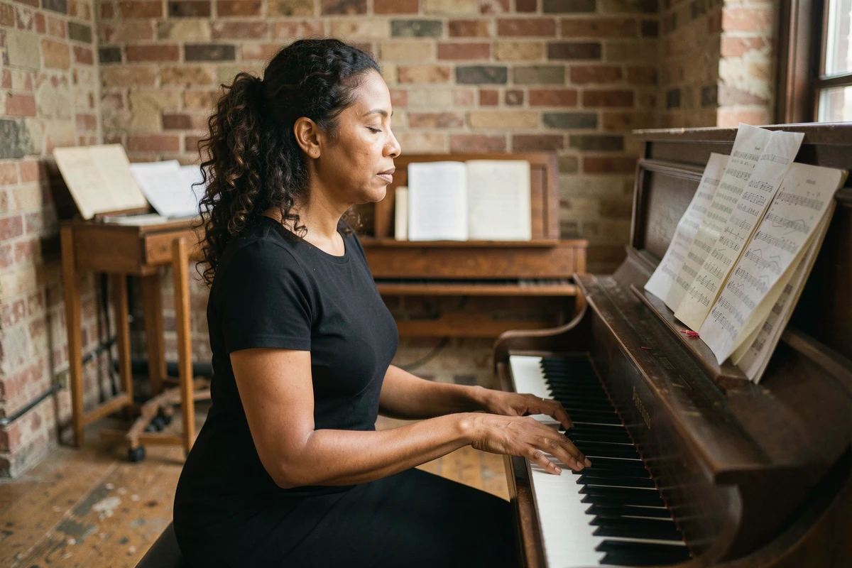 Chanteuse en deuil jouant du piano dans un studio de répétition, exprimant la douleur et la résilience par la musique