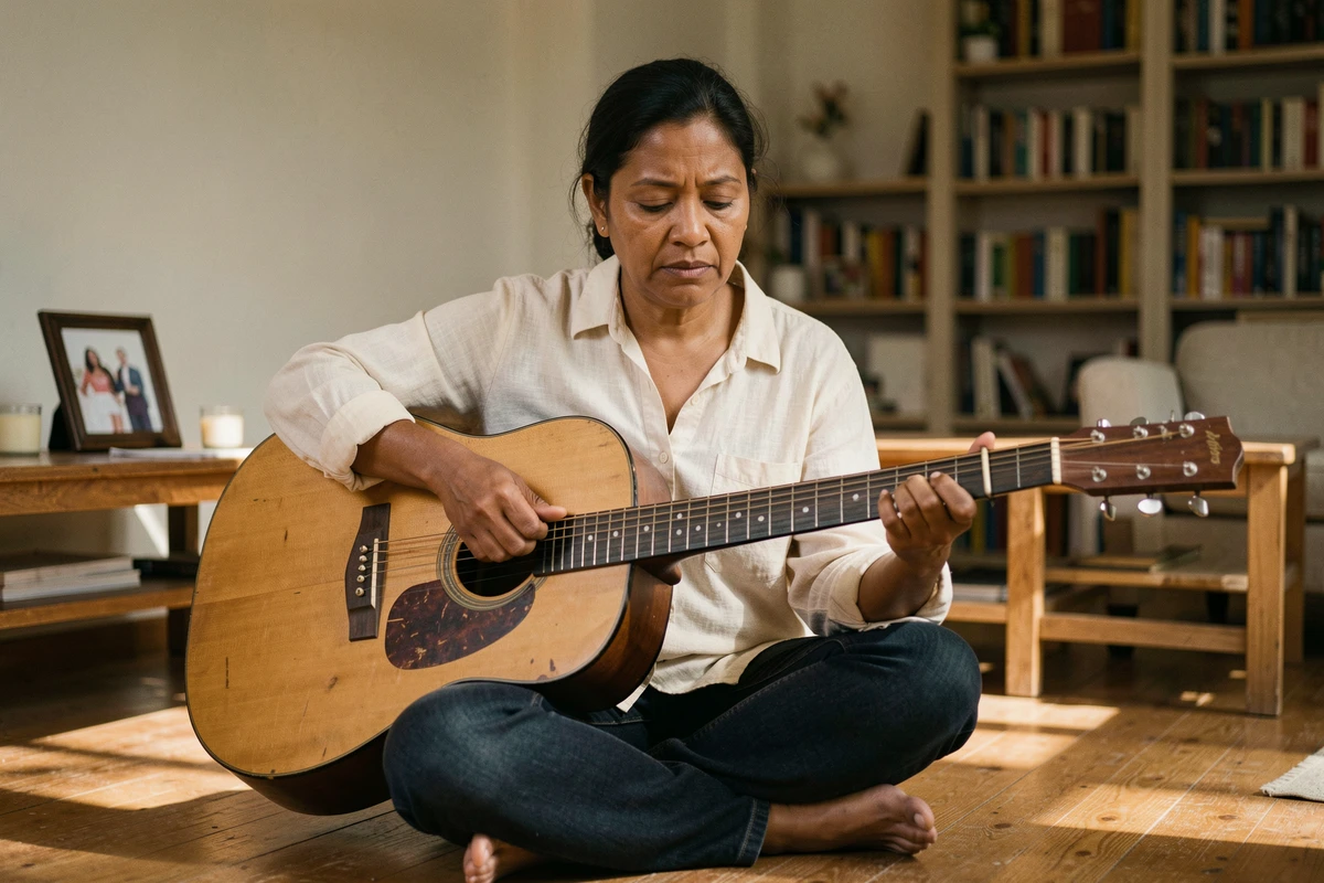 Femme artiste assise chez elle avec une guitare acoustique, visage recueilli évoquant le deuil et la résilience musicale