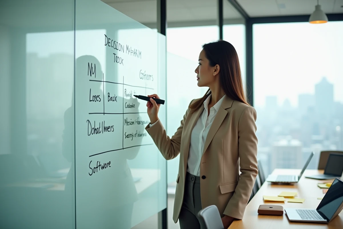 Chef de produit analysant les avantages et inconvénients d'ivrab face à ses alternatives sur un tableau blanc