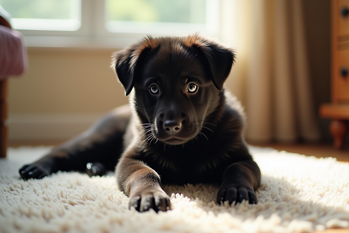 Jeune chiot berger allemand noir sur un tapis lumineux