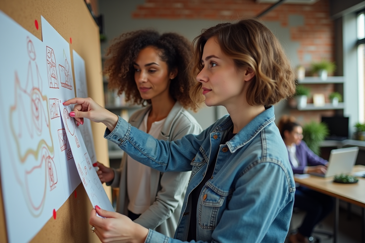 Deux collègues féminines discutant de croquis dans un espace lumineux