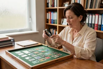 Femme examinant une collection de timbres vintage sur un bureau en bois pour revente sur Delcampe