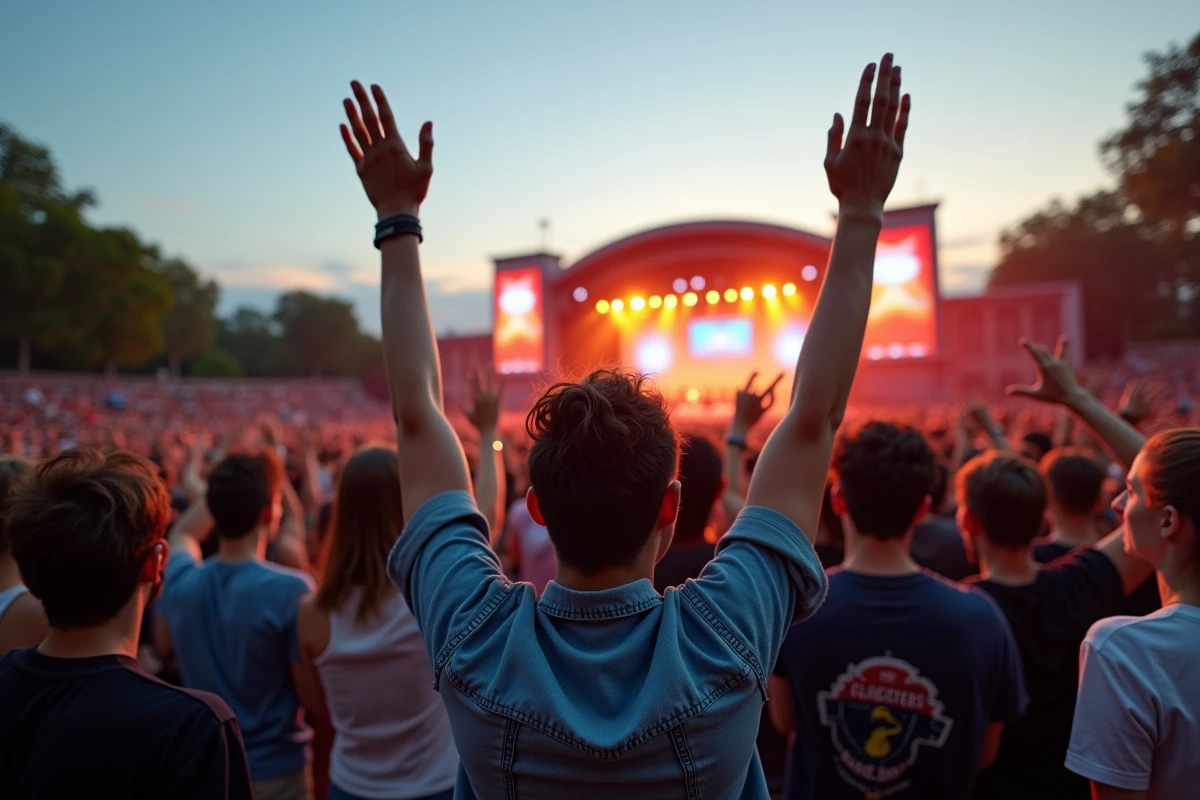 Foule enthousiaste lors d'un concert en plein air à Lyon en 2026, mains levées devant une grande scène LED