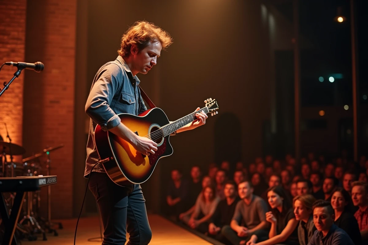 Guitariste masculin en plein concert sur une scène intérieure d'une salle de spectacle lyonnaise