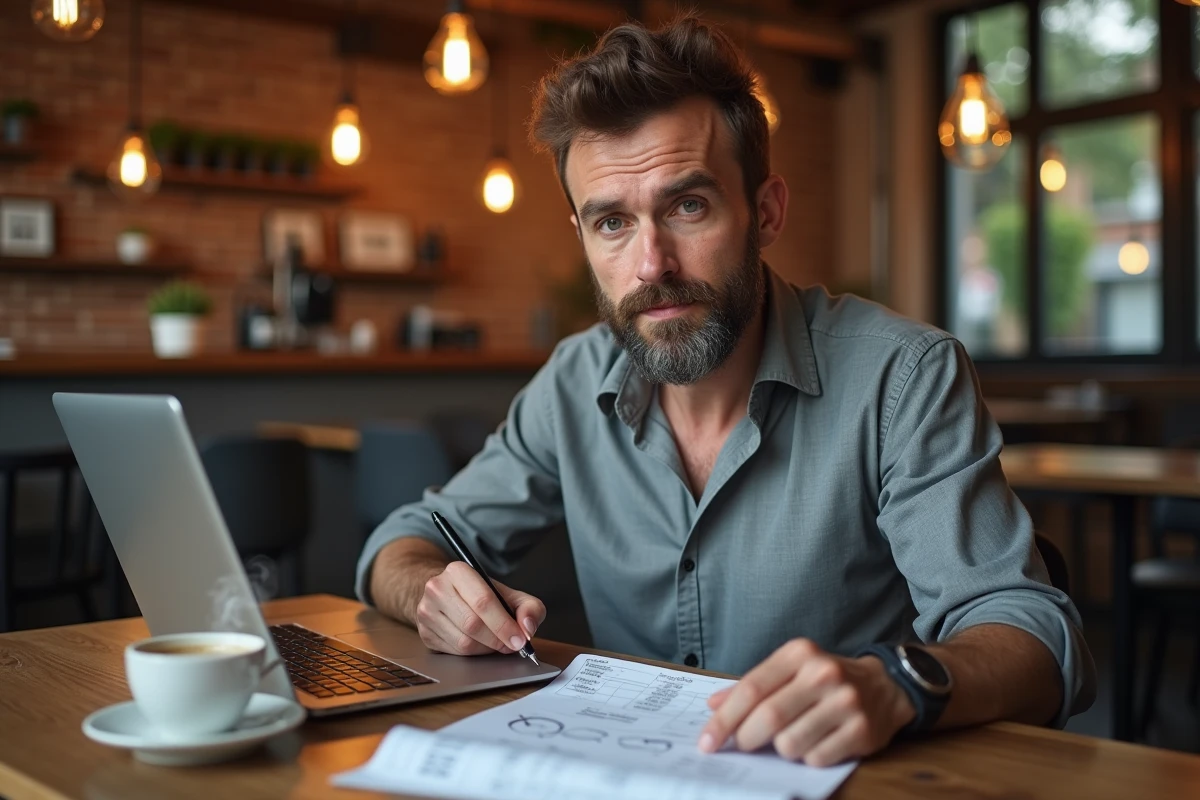 Consultant IT évaluant ivrab et ses alternatives modernes dans un café avec document imprimé et ordinateur portable