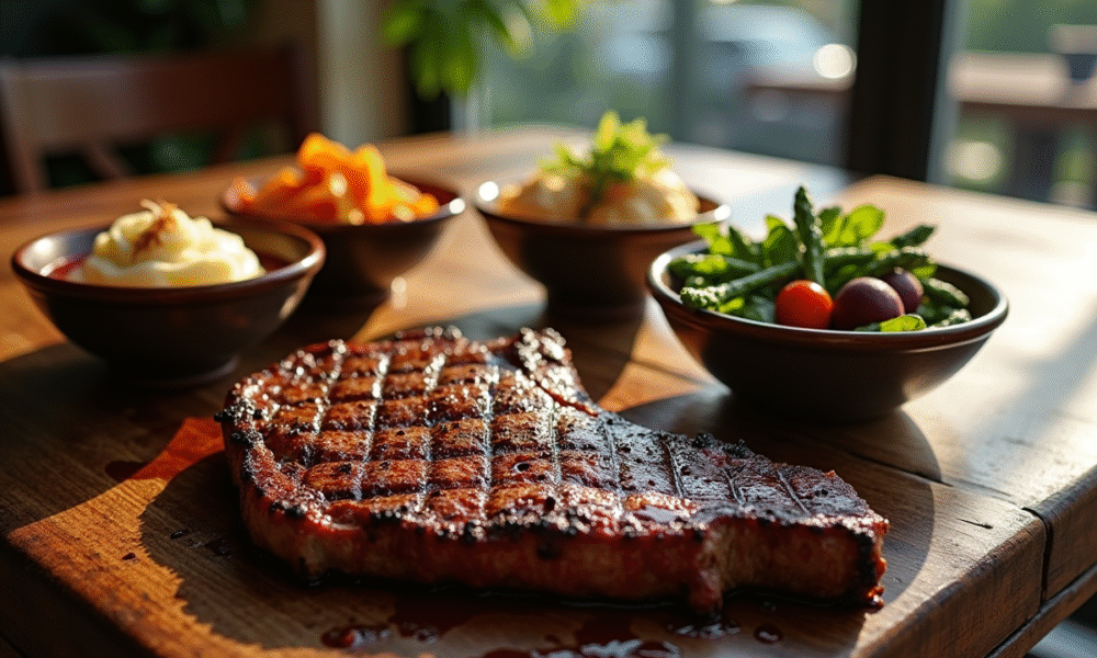 Entrecôte grillée sur une table en bois avec légumes colorés