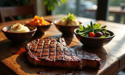 Entrecôte grillée sur une table en bois avec légumes colorés