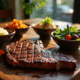 Entrecôte grillée sur une table en bois avec légumes colorés